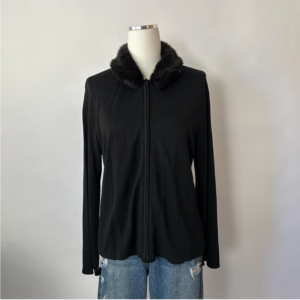 Vintage Y2K Grunge Norton McNaughton Black 100% Silk with Faux Fur Trim Cardigan - Picture 5 of 8